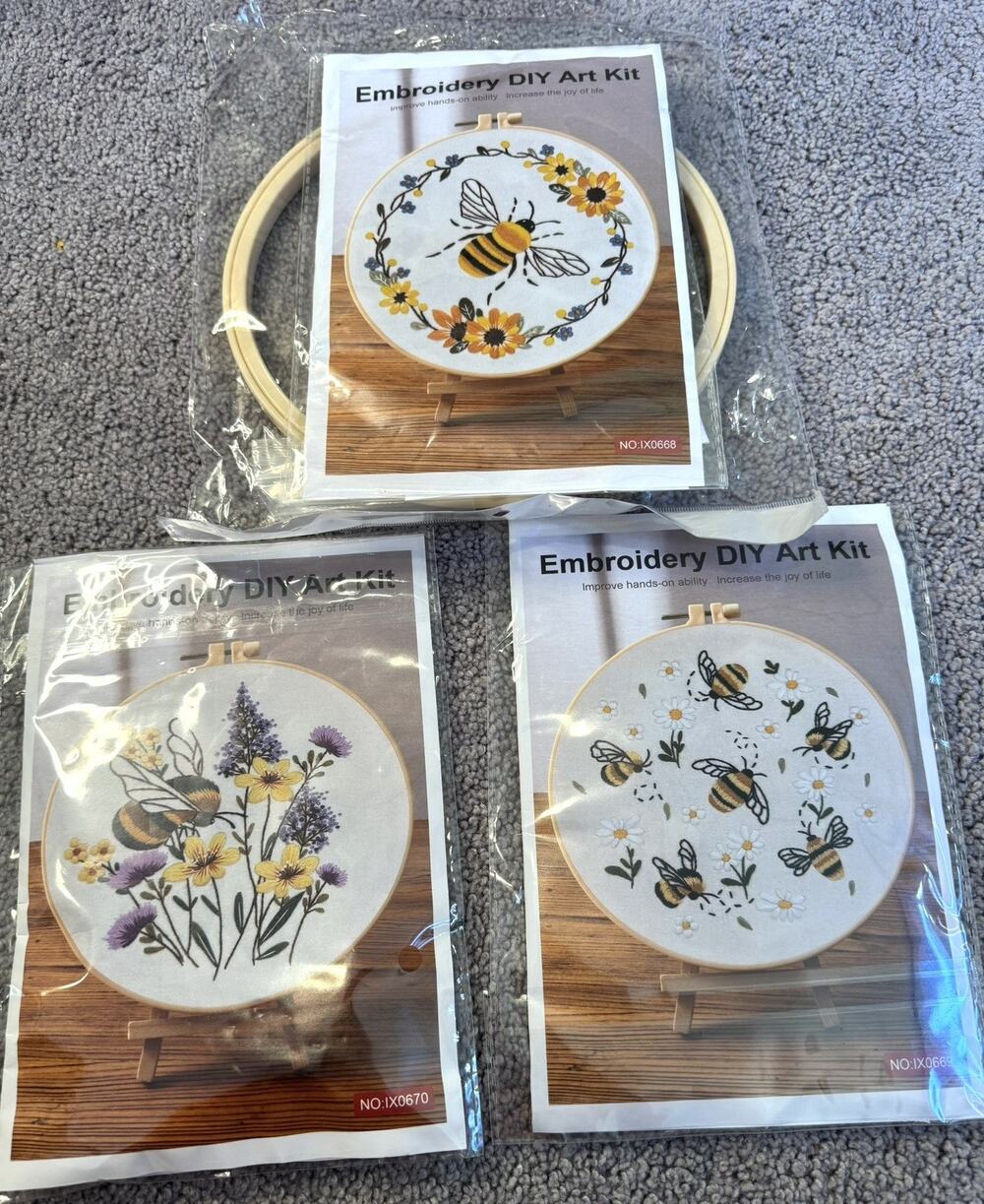 Bumble Bee Embroidery DIY Kit Lot Honey Bee Flowers 3 new sets 1 hoop